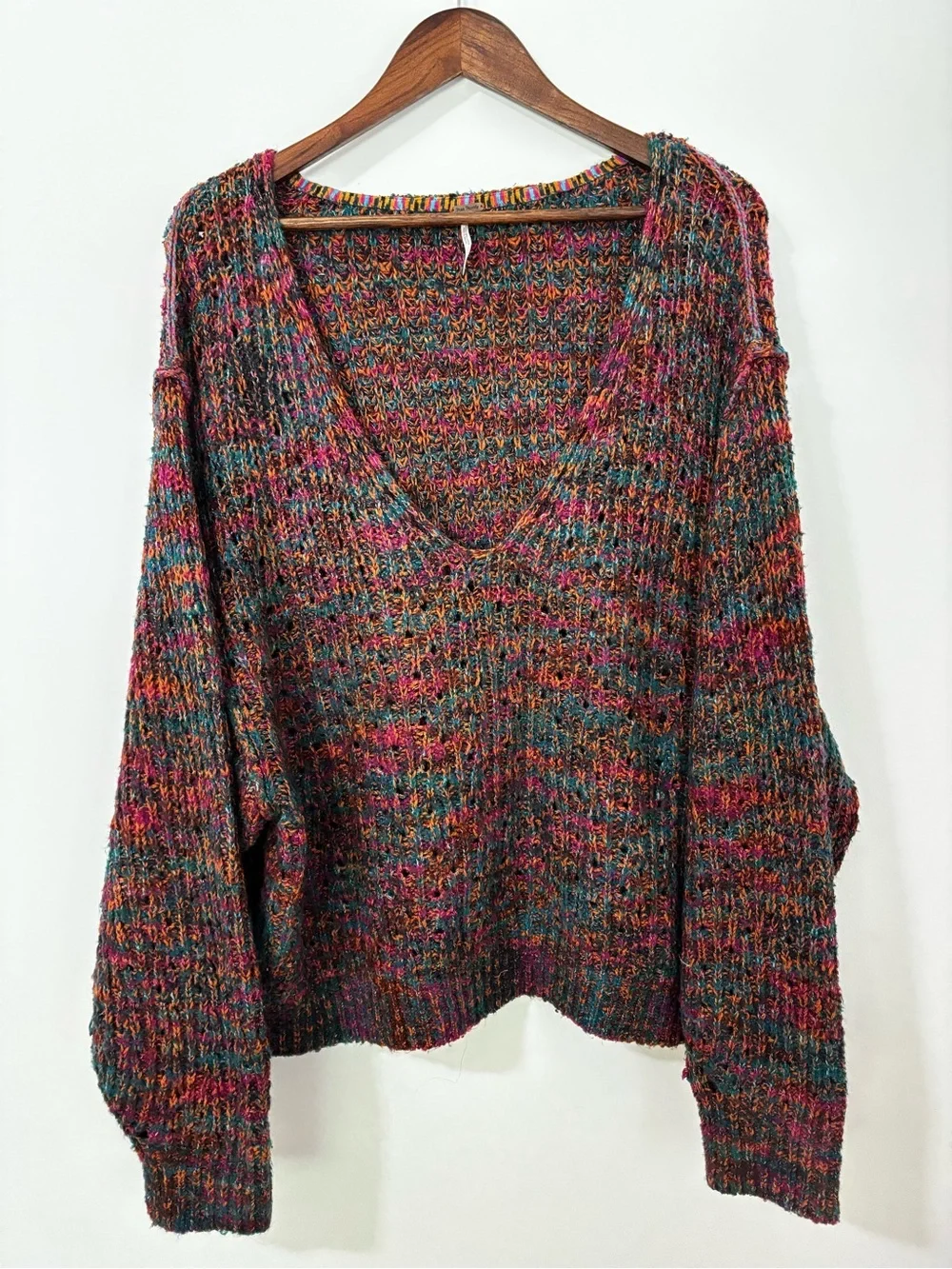 Free People Multicolor Marled Knit Oversized V-Neck Sweater Size Large Boho